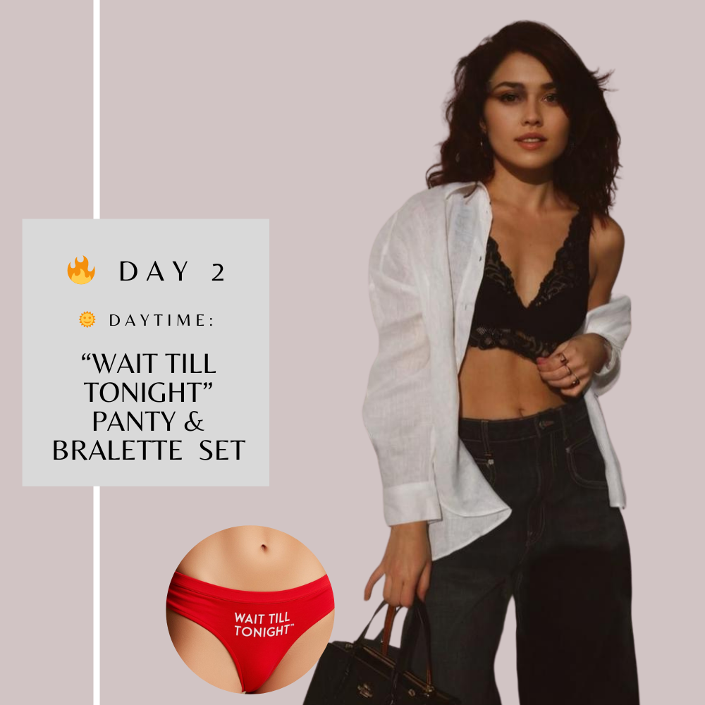 Black bralette and red panties with 'Wait Till Tonight' text.
