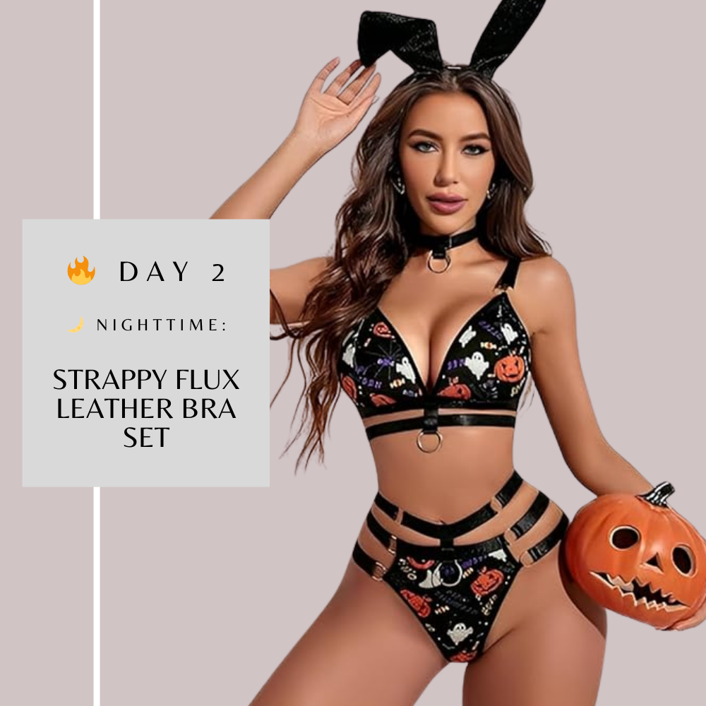 Halloween-themed Strappy leather bra set with bunny ears and a pumpkin.