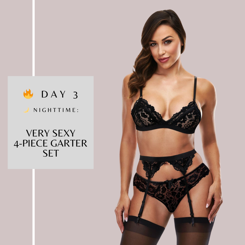 Black lace lingerie set with text about a 4-piece garter set.