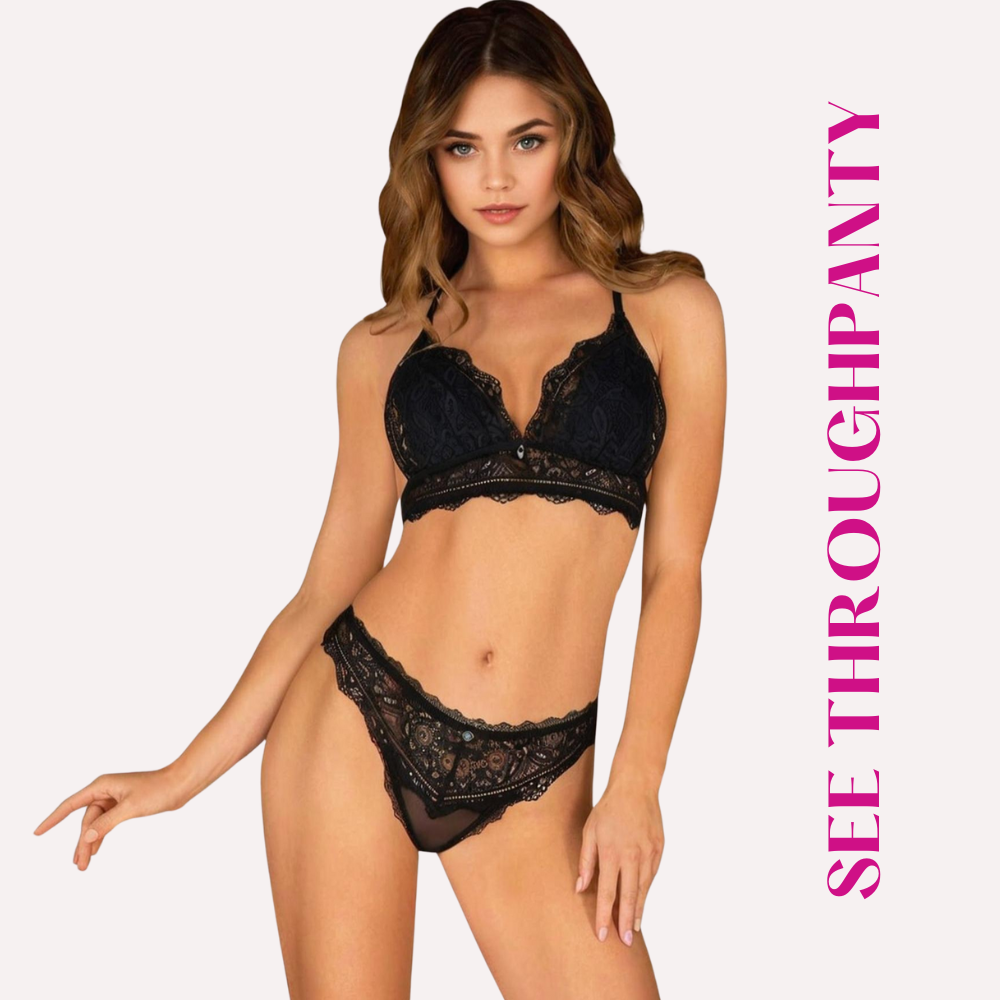Black lace lingerie with 'See Through Panty'.