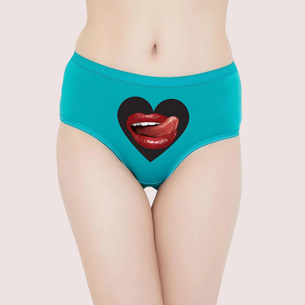 Teal underwear with a heart design featuring red lips. Naughty Quotes Printed Panties. Custom Heart Panty for Playful Moments