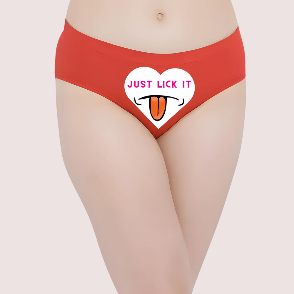 Red underwear with a heart design and 'JUST LICK IT'. Naughty Quotes Printed Panties.
Custom Panty for Her Private Moments