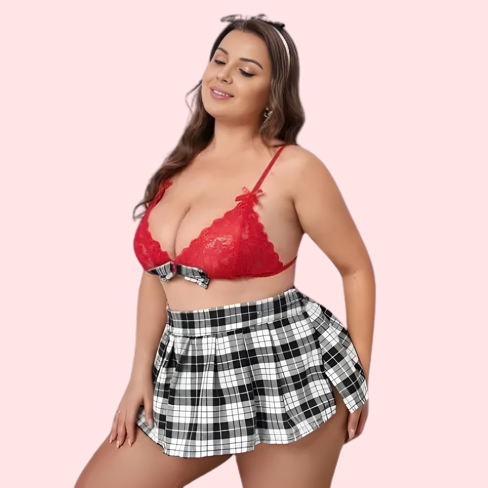 Red lace bralette and plaid skirt.
