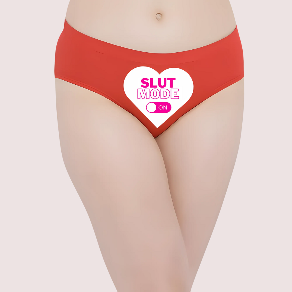 Red underwear with a heart design and 'SLUT MODE ON' text. Naughty Quotes Printed Panties.
Heart-themed ‘Slut Mode On’ text Custom Panty