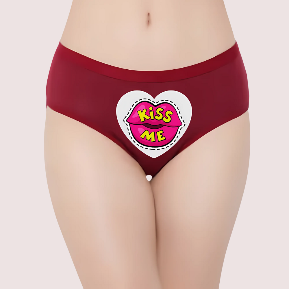 Red underwear with a heart-shaped 'Kiss Me' text. Naughty Quotes Printed Panties.
Kiss Me" Printed Panty For Her