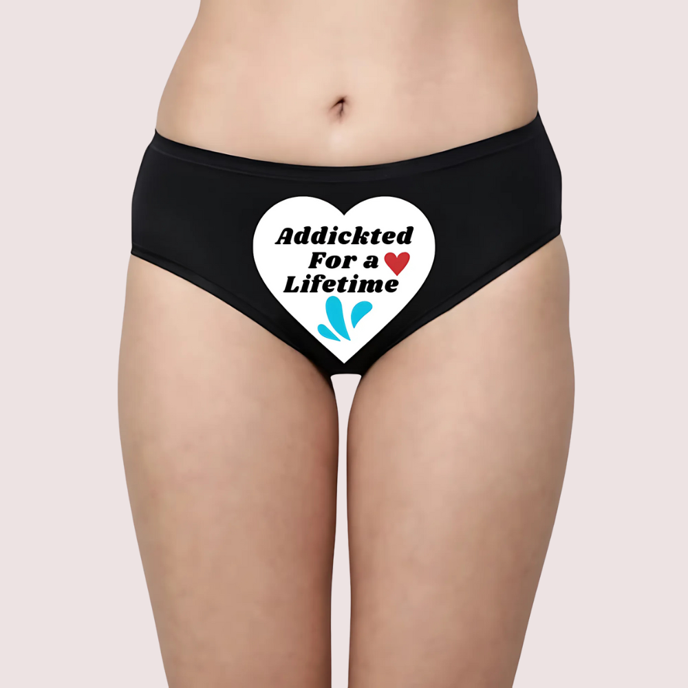 Black underwear with a heart-shaped graphic and 'Addicted For a Love Lifetime' text. Naughty Quotes Printed Panties.
Personalized Naughty Whispers Panty For Her