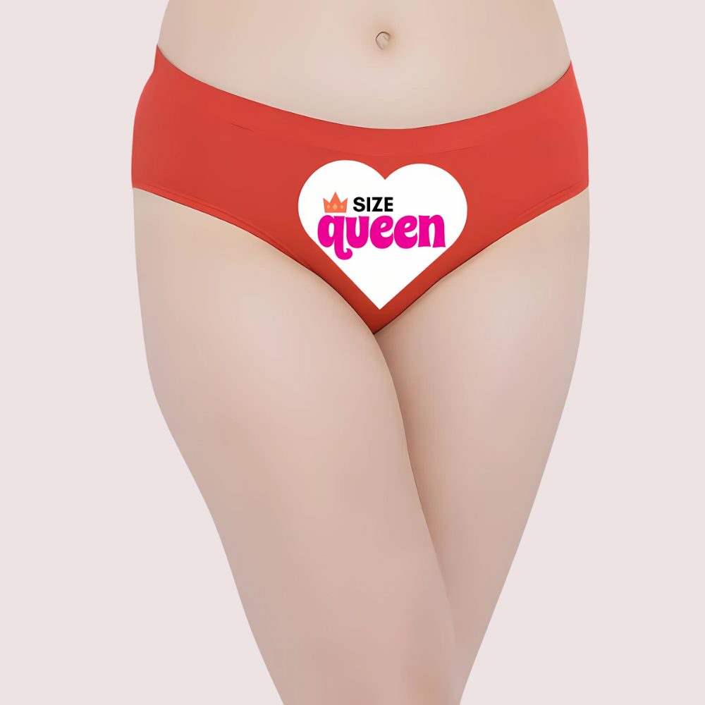 Red underwear with a heart-shaped logo and 'SIZE QUEEN' text. Private Moments Text Custom Panty for Her.