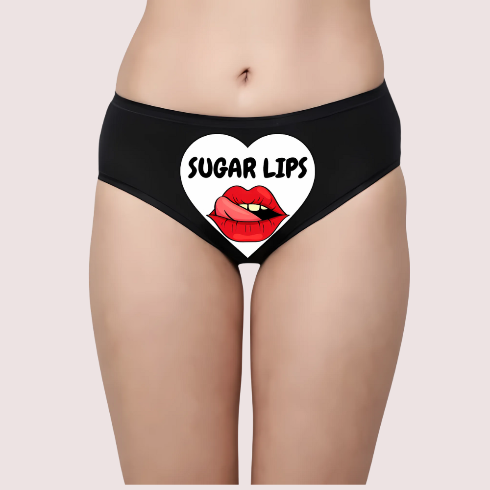 Black underwear with 'SUGAR LIPS' text design. Sugar Lips-Coated Whispers Custom Panty.