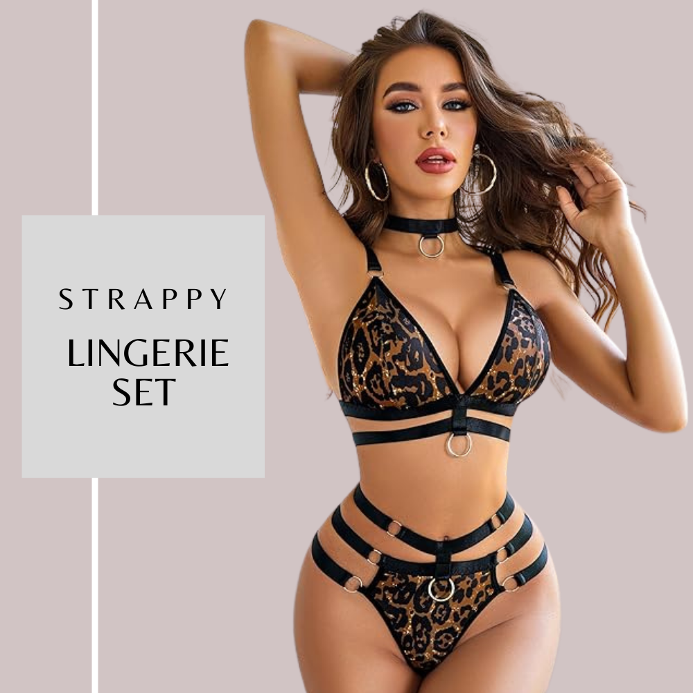 Strappy lingerie set with leopard print design.