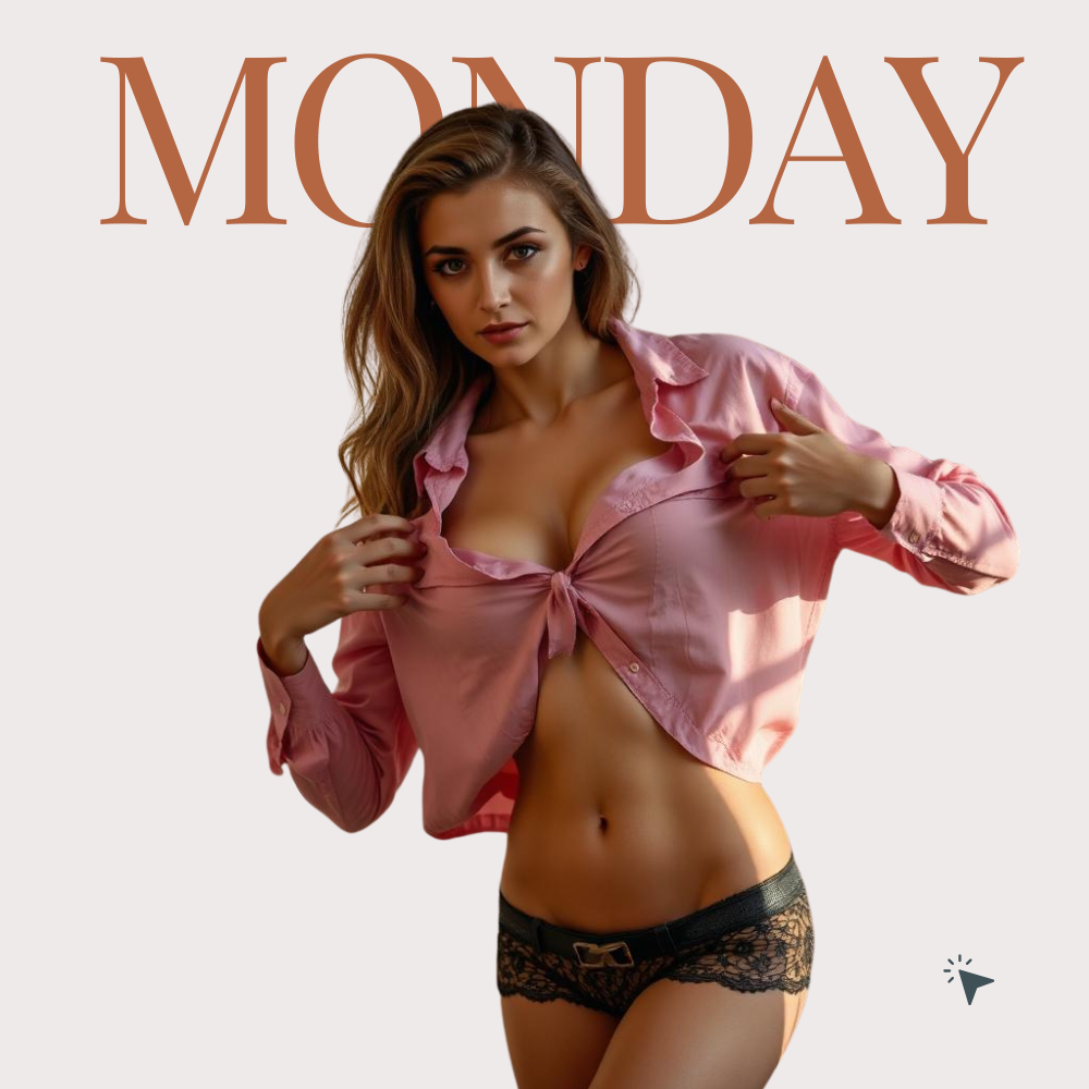 Pink shirt and black underwear with 'MONDAY' text.