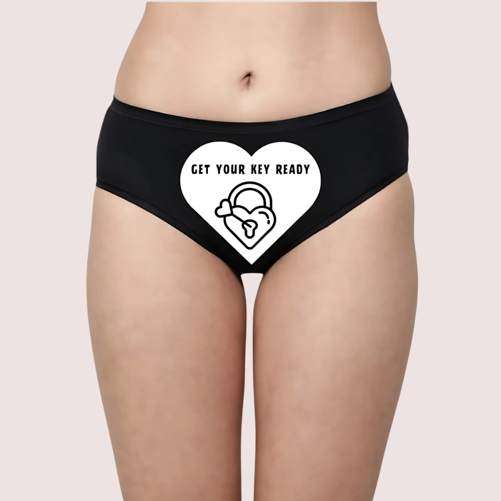 Black underwear with a white heart design and 'GET YOUR KEY READY' text. Unlock Your Desires Custom Text Panty.