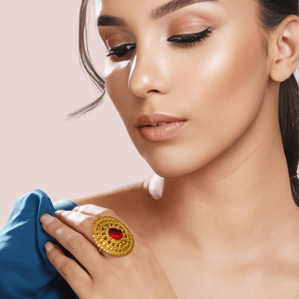 Elegant Gold-Plated Statement Ring with Red Gemstone