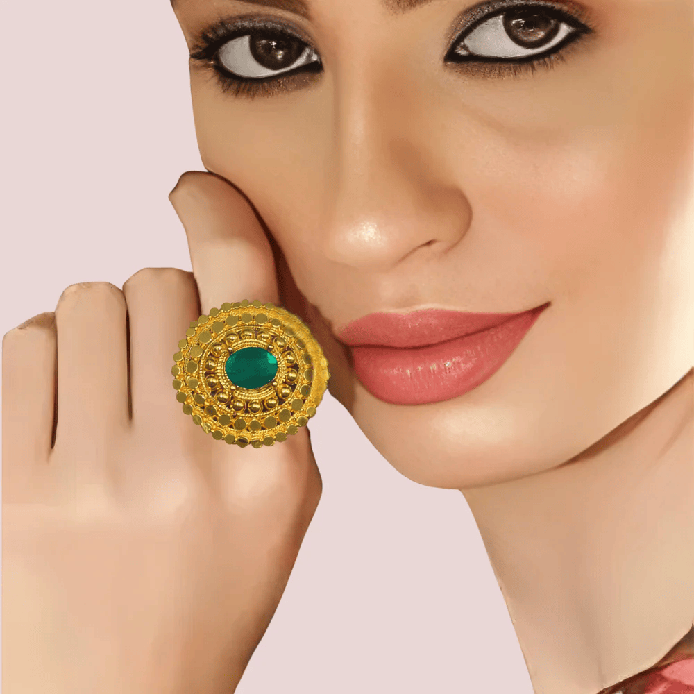 Royal Gold-Plated Statement Ring with Green Stone